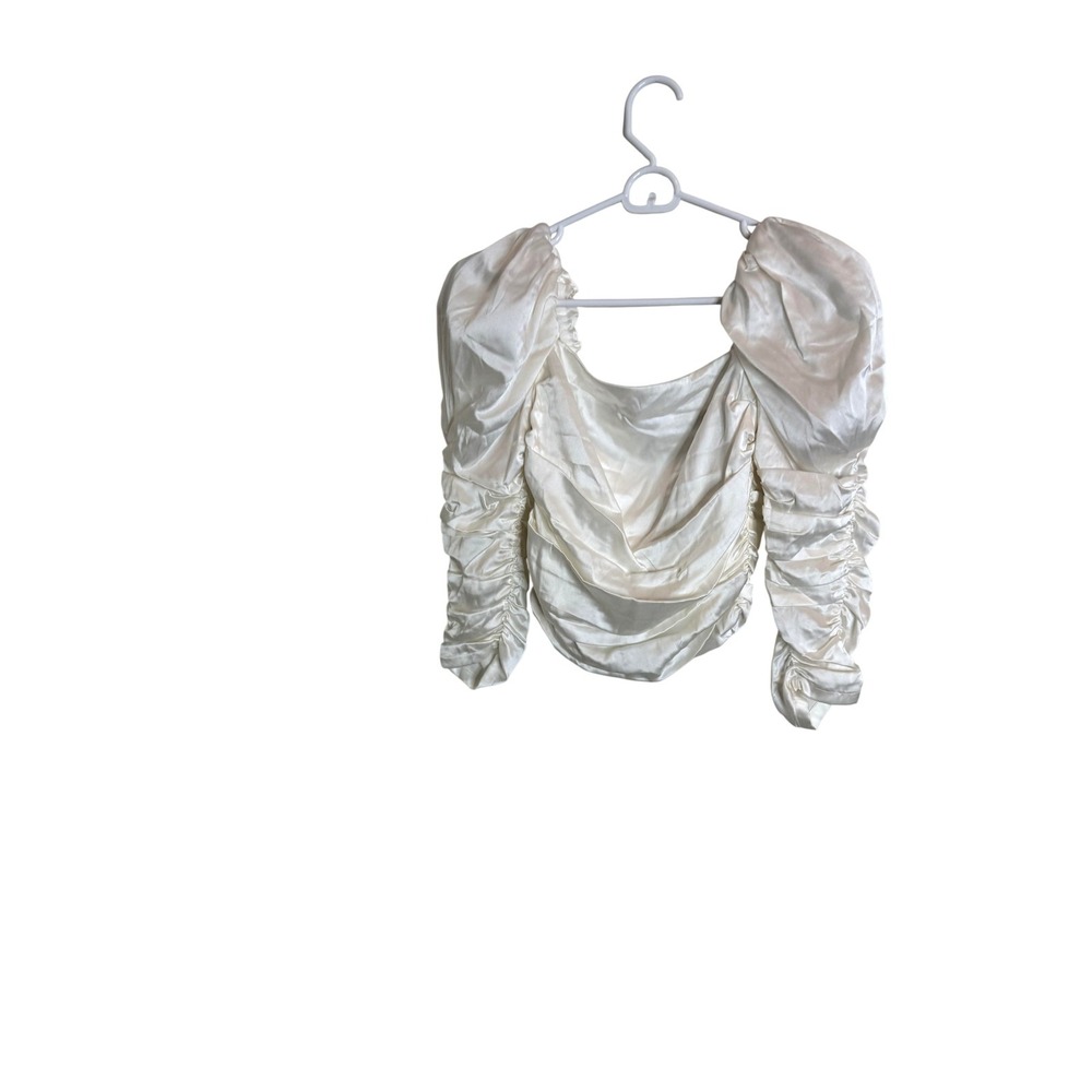 Alice + Olivia Blouse Womens 0 White Satin Ruched Puff Sleeve Crop Top Party